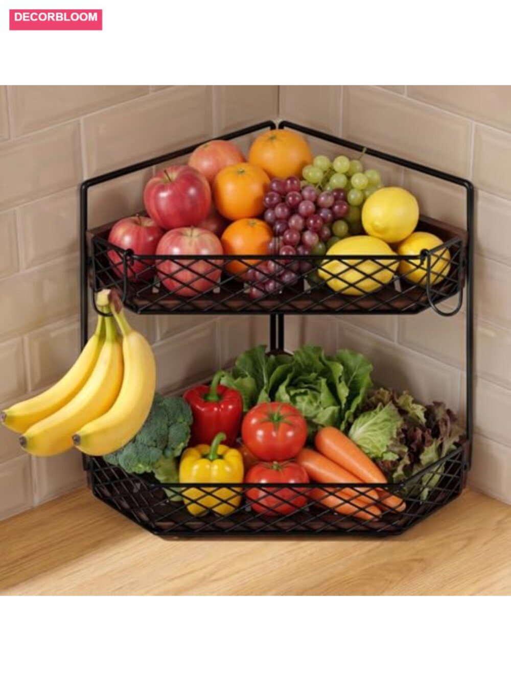 2-Tier Wooden Fruit Basket with Banana Hooks for Kitchen Counter